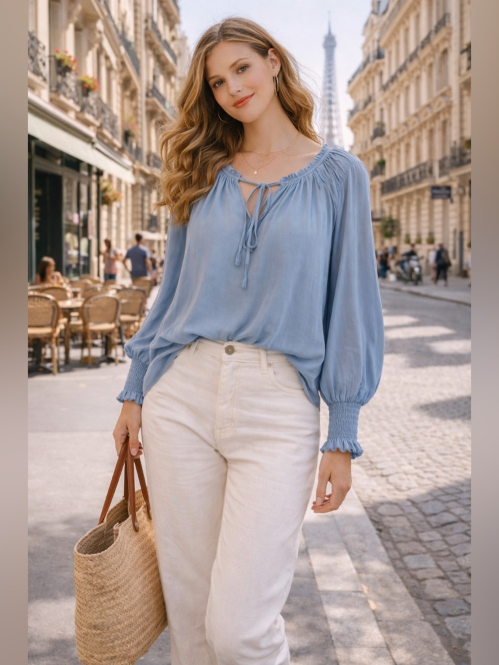 Maison d’Amélie Blue Boho Blouse 1X | Flowy Tie Neck Peasant Top Silky